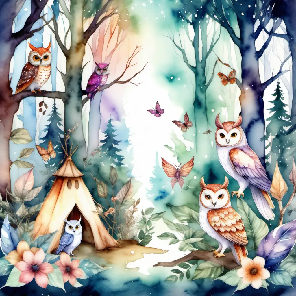 Generate a watercolor image in boho style of an enchanted forest with mystical creatures like fairies, unicorns, and wise owls gathered in a peaceful clearing. Capture the magical ambiance with soft lighting and vibrant colors.