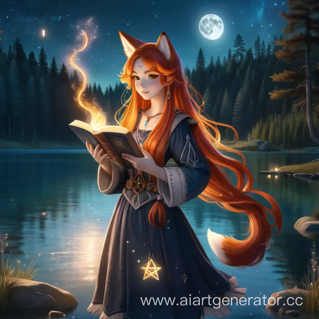 Девочка-лисичка с огненными волосами стоит на берегу озера, окруженного лесом. В руках у неё книга заклинаний, а над головой летают волшебные искры. На заднем плане видна луна и звезды.