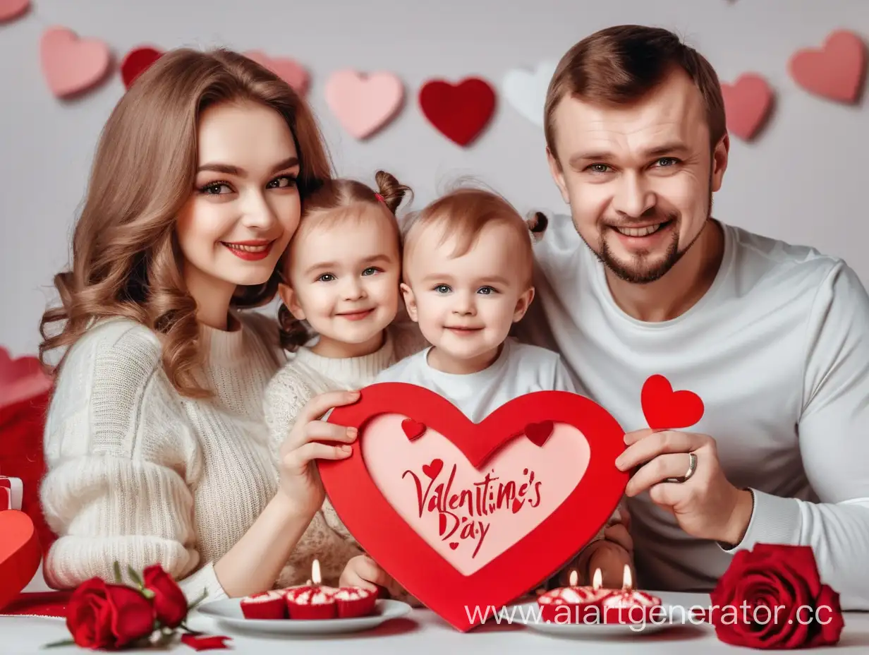 прекрасная российская счастливая семья папа мужчина мама женщина и ребенок празднуют день святого валентина