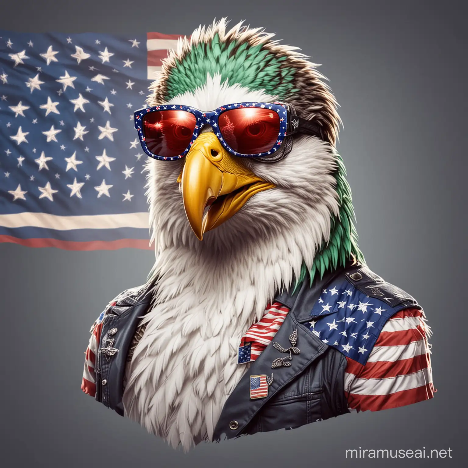 funny and cool American eagle character for a meme crypto currency coin
 wear Pit Viper sunglasses and have an American flag as a mullet.
- The style should be a meme cartoon drawing.