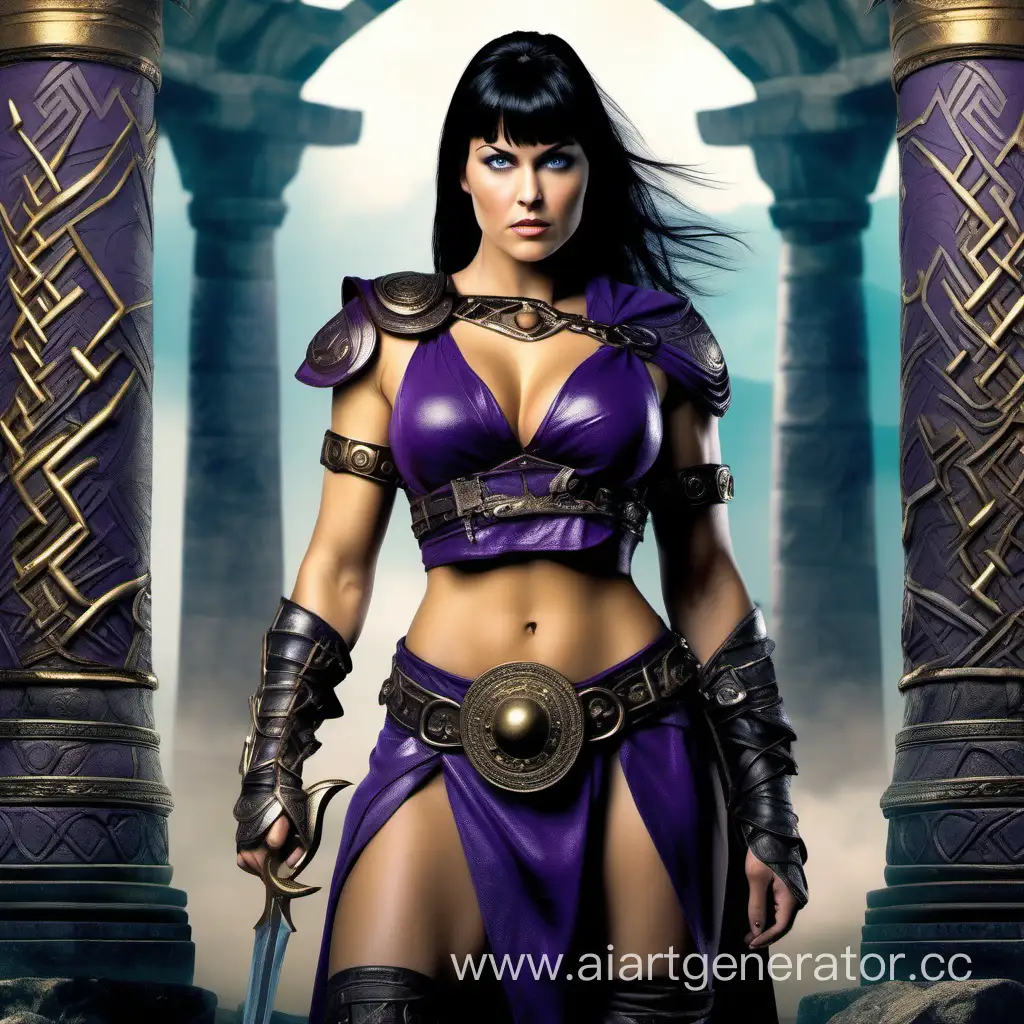 Strong athletic lustful beautiful-faced Xena Warrior Princess with curvaceous thighs and abs, blue eyes, raven hair, voluptuous buttocks, free hands, no weapons, wearing dark-purple leather thong and thigh-high leggings, stands in an obscure ancient Tauric temple in Crimea
