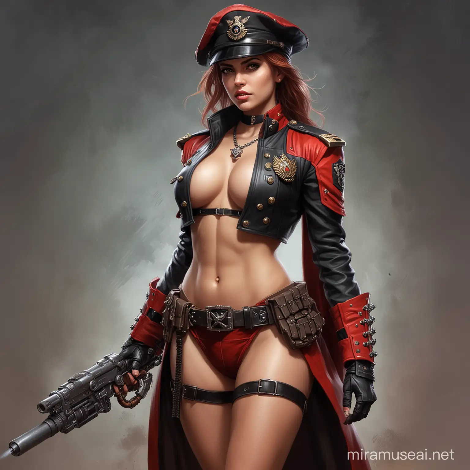 Female Commissar, sexy, Leader, Warhammer 40k,  Half Naked, Military Background, Chainsword, One Handed Flamethrower; Military Cap, Dominant