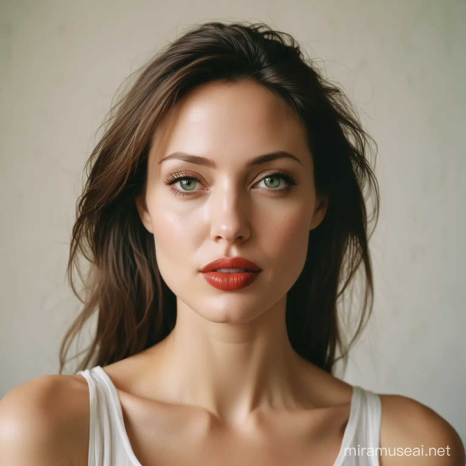 film photography, light fabric, using a 35mm lens, f/2, film, grain, beautiful young angelina jolie, portrait, malena, realistic natural skin, realistic  natural hair, green eyes, red lips