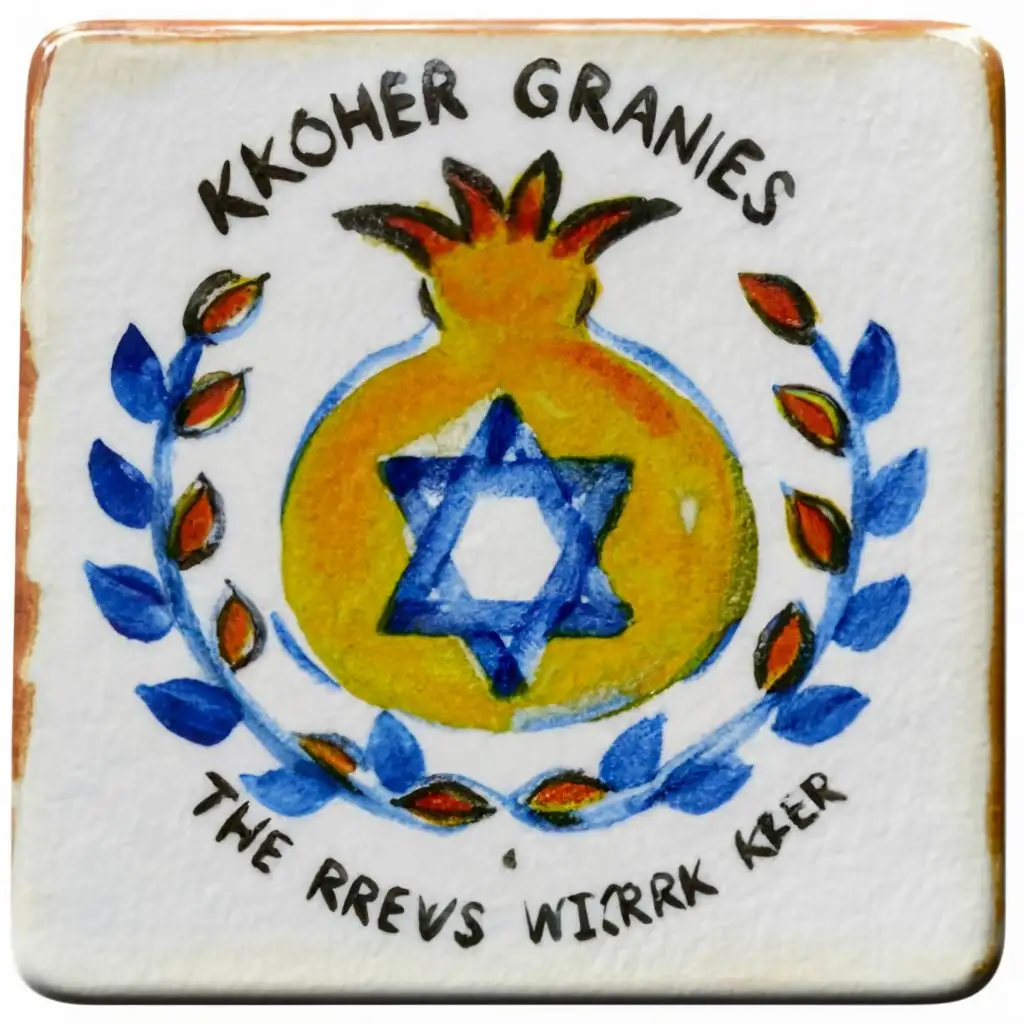 logo, Israel, yellow, blue, white, Paul Klee, pomegranate, star of David, Jerusalem, with the text "Kosher Grannies", very simple, on clean white Portugal tile, around are tiles, with slogan "Taste the wisdom", typography, be used in the automotive industry