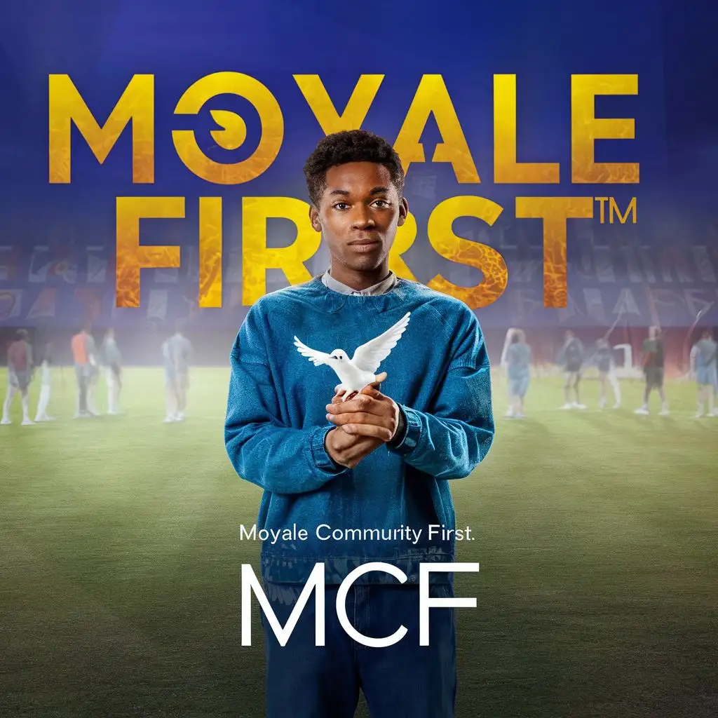 logo, African Youths holding one dove. "Moyale First " in the background, with the text "MOYALE COMMUNITY FIRST, MCF", typography, be used in Entertainment industry