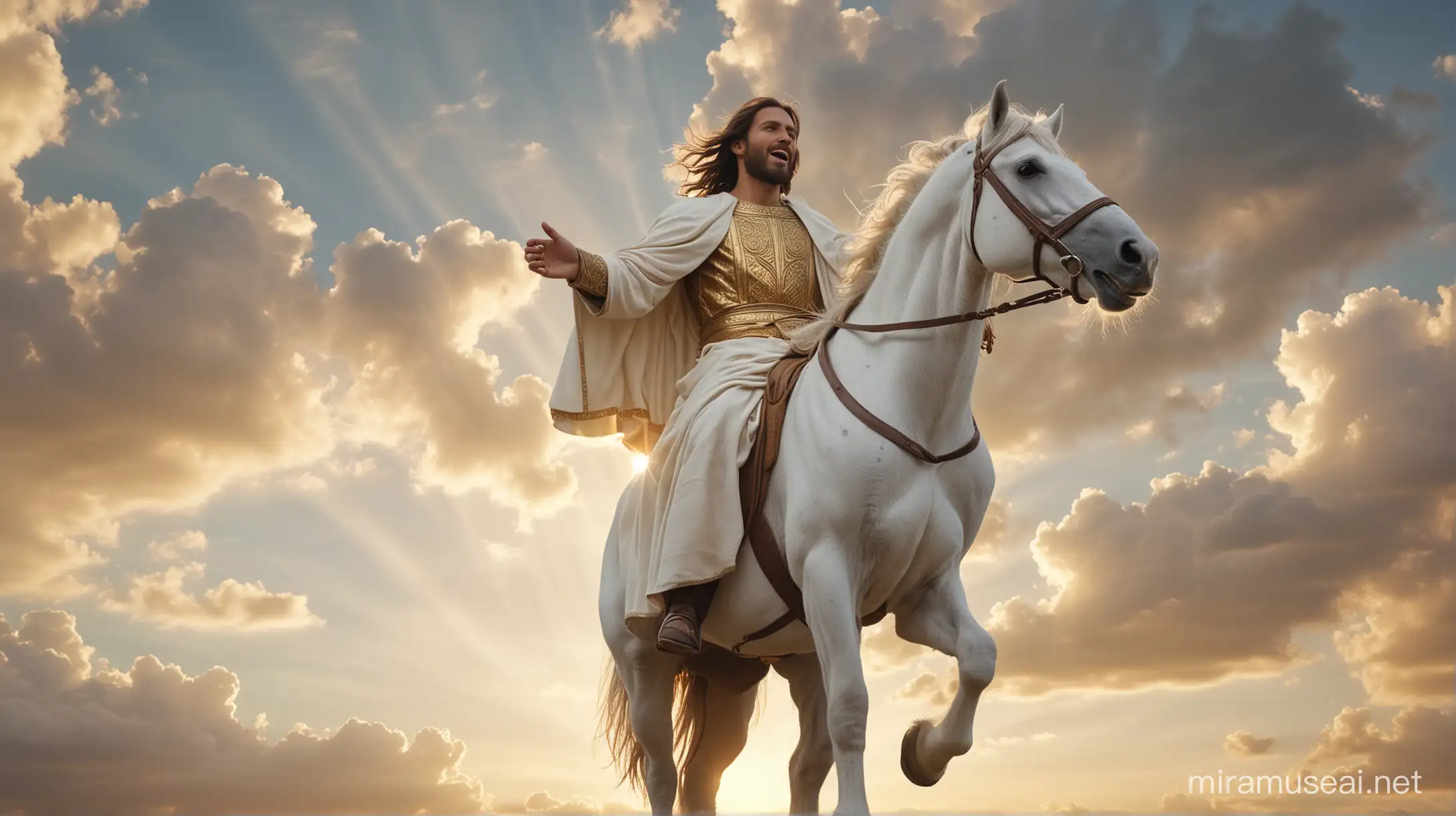 Vibrant Sunset Jesus Descending on White Horse