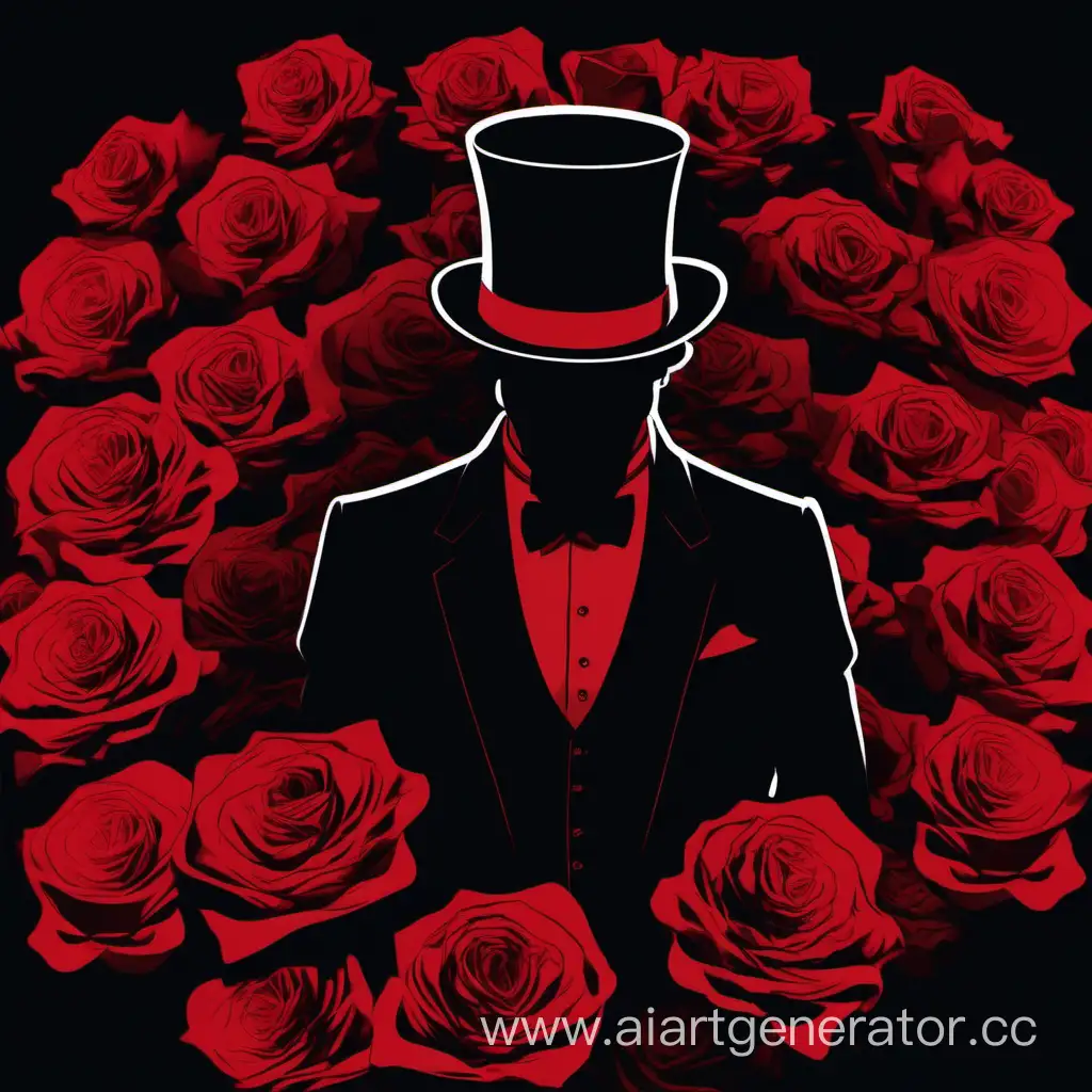 A dark silhouette of a man in a gentleman's suit in a top hat. in the middle of red roses, on a black background. Faceless. The head is not visible because of the hat