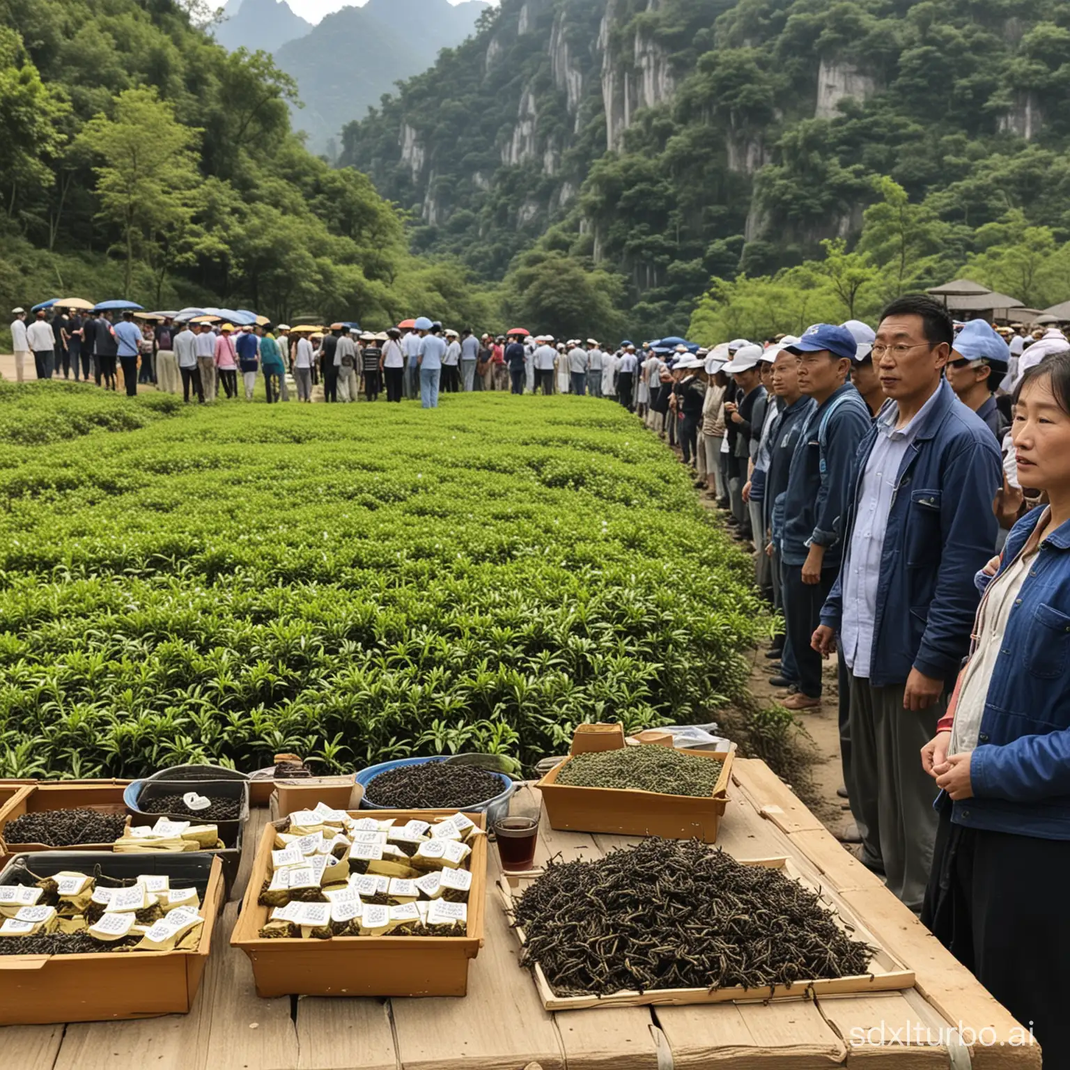 Wuyi Mountain tea as the main focus, with a crowd in the background
