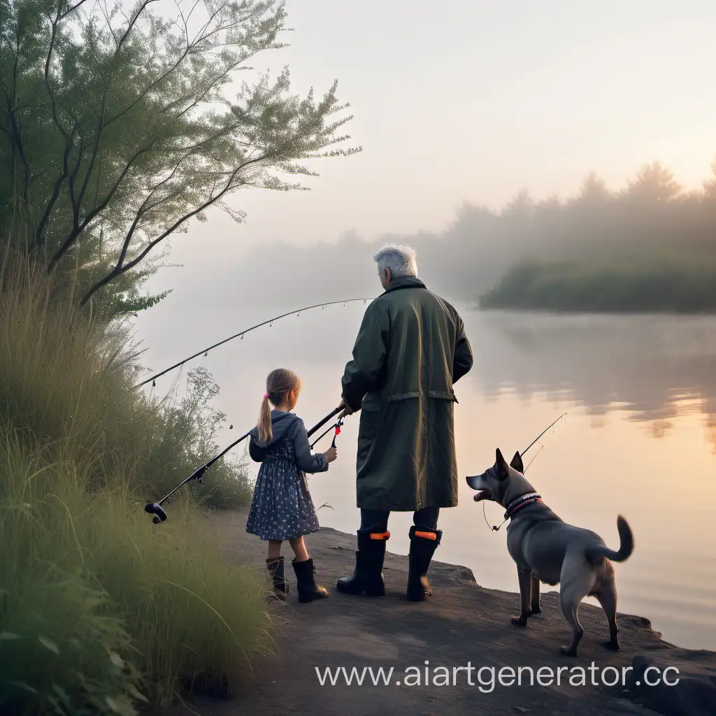 седой дед рыбак в высоких сапогах и куртке с маленькой  дочкой в платье  рядом сидит собака стоят спиной с удочкой на рассвете на рыбалке туман кусты трогательно лодка у берега

