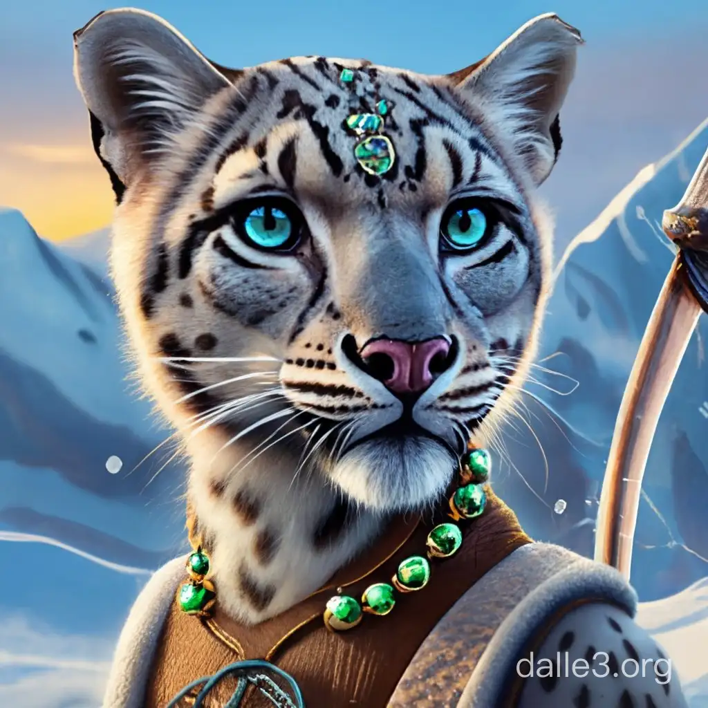 realistic photo of a teenage female snow leopard tabaxi wearing medieval rangers clothes and a longbow wearing a single glowing gem on a necklace as her only jewelry and a background of a snowy mountain