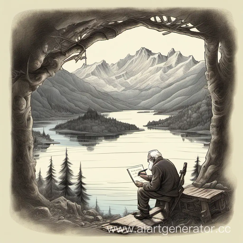 старец пишет легенду, смотря на горы и озеро
