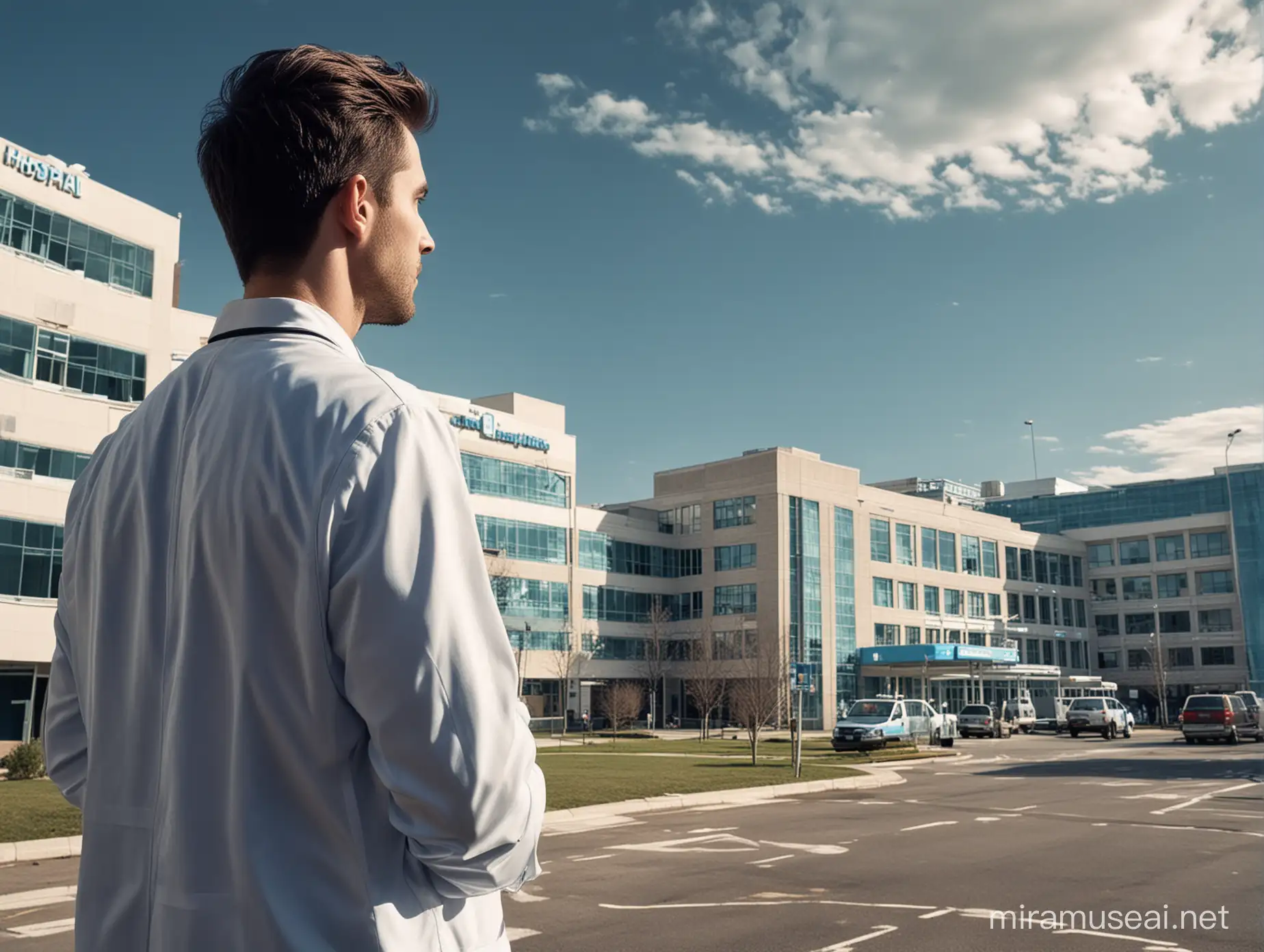 i want a realistic photo of a man back to the camera in wide shot, the man is looking at an hospital, the hospital is a modern hospital, the sky is shine and blue, the man as 28 years old and it is a student