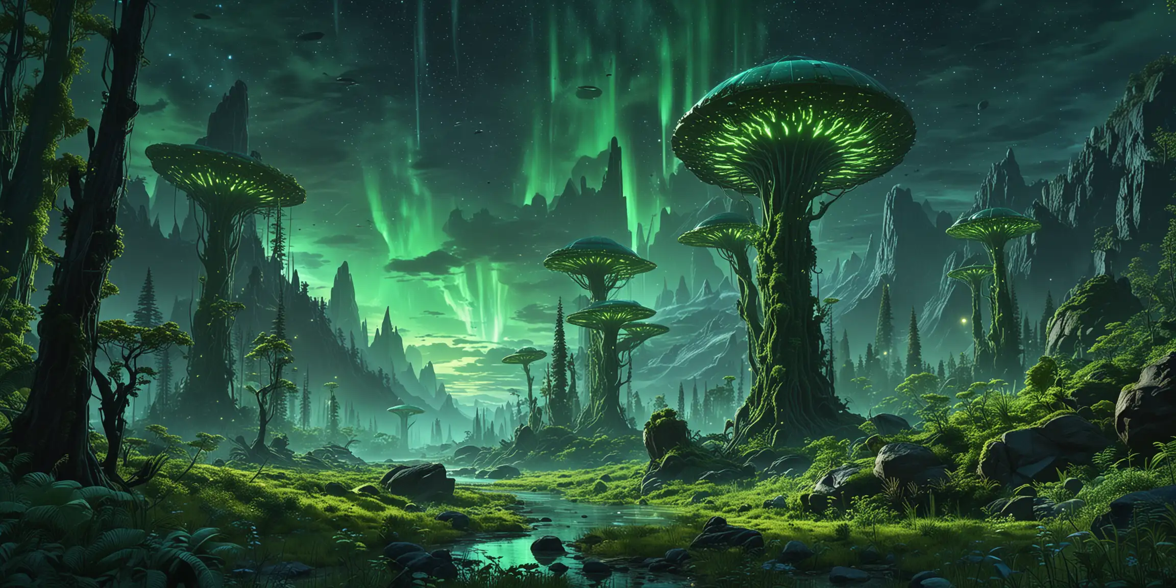 /imagine prompt: Bioluminescent alien forest landscape view, green alien encounters, green alien spaceships, diverse explorers in green neo-futuristic spacesuits, gigantic alien trees, enormous mountains, a beautiful sky filled with stars, nearby planets, and a neon green color aurora borealis galactic green sky, green vibrant exotic flora, lush green vegetation, mysterious atmosphere, bio-luminous green alien wildlife, advanced botanical specimens, intricate details, otherworldly landscape, futuristic technology, immersive landscape setting, vibrant green colors, high-resolution digital illustration, dynamic lighting effects, surreal ambiance, realistic, good textures, incoherent colors, only vibrant neon green colors::3 realistic::3 green::3 neon green color::3  --aspect 2:1 