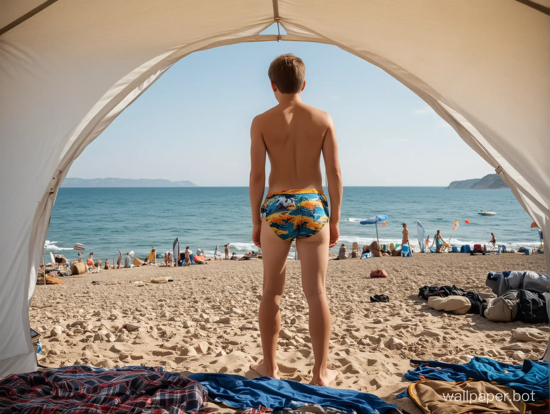 Crimea, tent, sea in the distance, tents in the distance, 13-year-old boy in swim trunks, waistline image, coquetry, people, thongs
