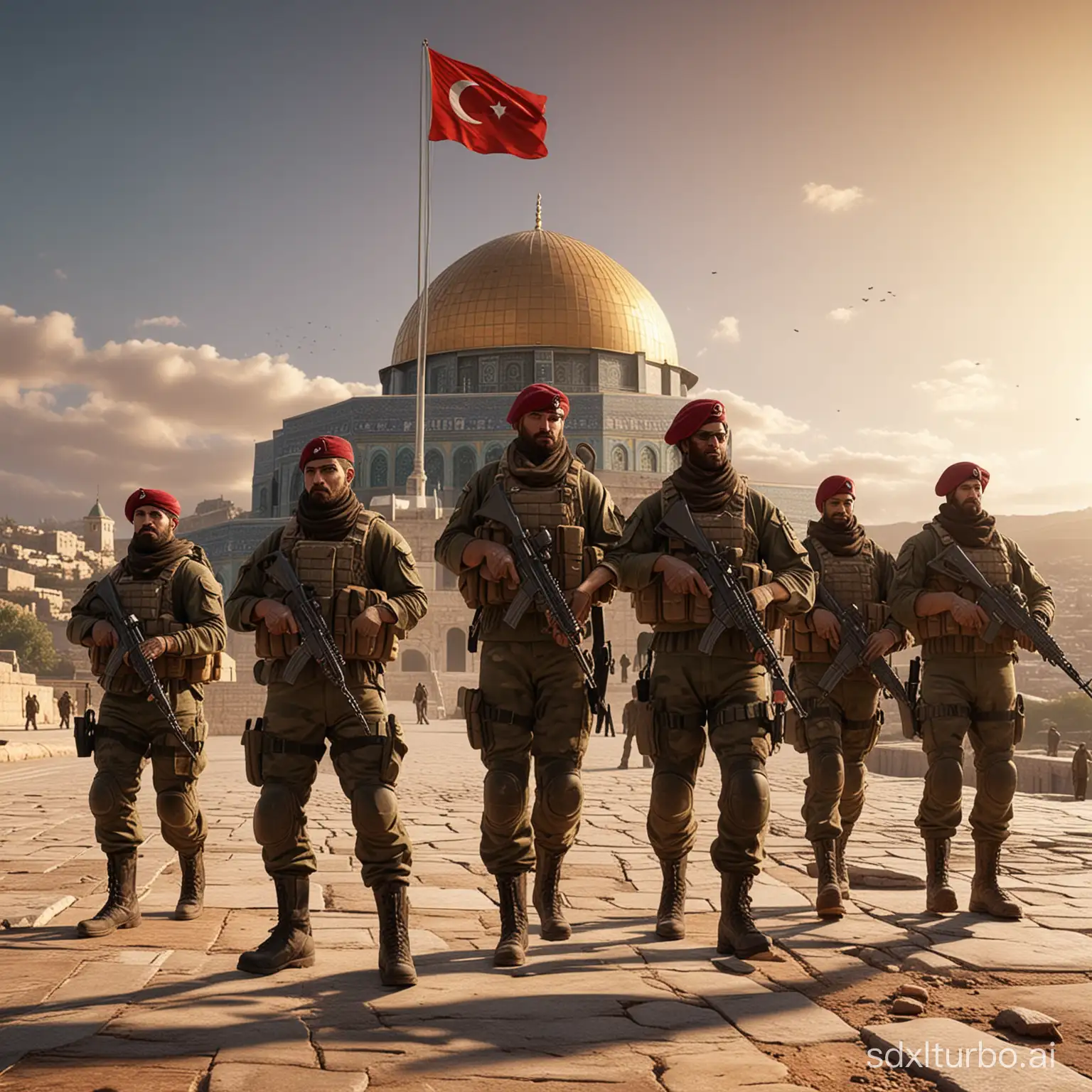 A stunning 3D render of a group of very strong Turkish Special Commando soldiers with maroon beret standing proudly behind the iconic Dome of the Rock. They are dressed in their tactical gear, holding their rifles, and hoisting only one Turkish flag high. İn the Air in the backround a TB-2 turkisch army drone and drones anThe Dome of the Rock is illuminated in a golden hue, casting a warm light on the soldiers. The background reveals a panoramic view of the city, with an atmosphere of strength and unity. The overall feel of the image is cinematic and patriotic, perfect for an inspiring poster., photo, cinematic, poster, 3d render
