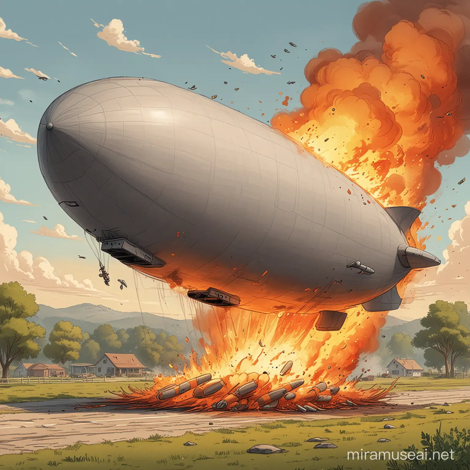 Draw a cartoon of an air blimp on fire crashing to the ground