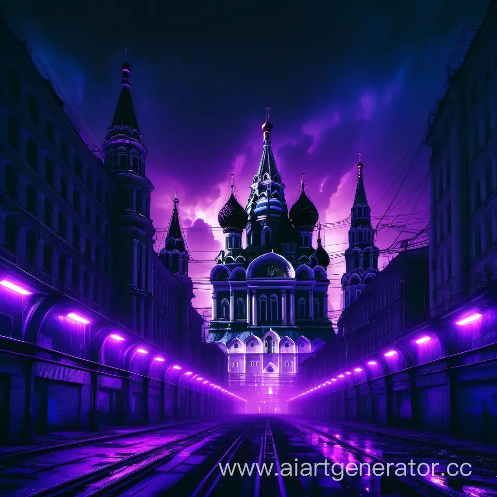 Urban landscape of Russia in cyberpunk style with purple lights and cathedrals