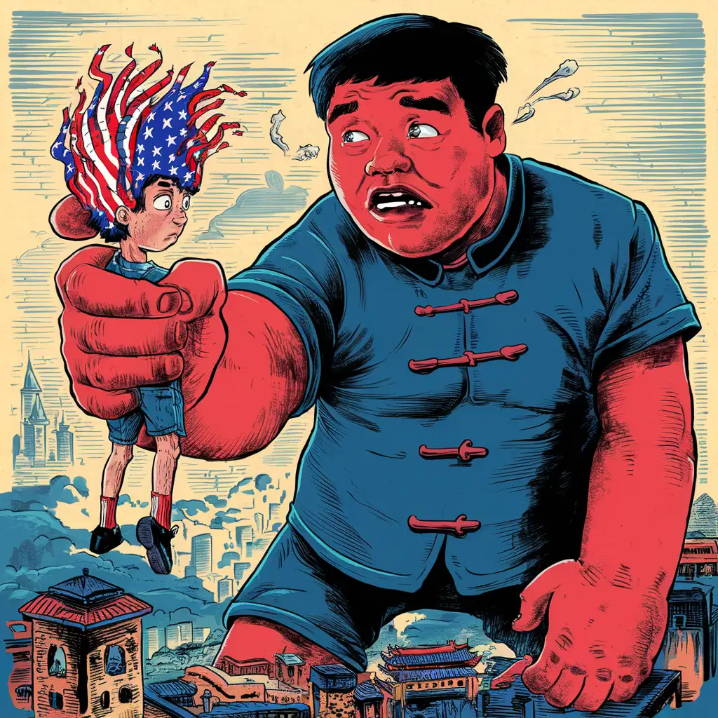 A giant Chinese is holding a poor American boy with golden hair and skin patterned like the American flag.