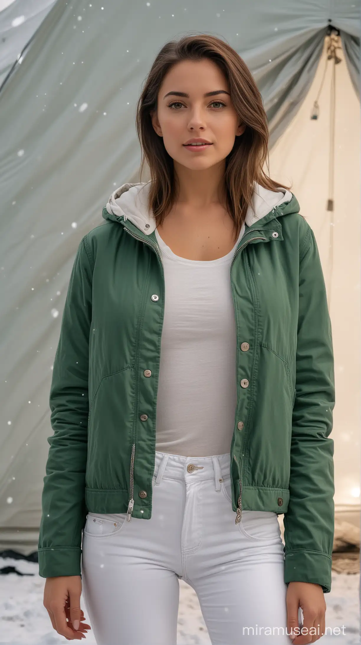 4k Ai art front view beautiful USA girl ear tops white jeans and green jacket in USA snow tent 