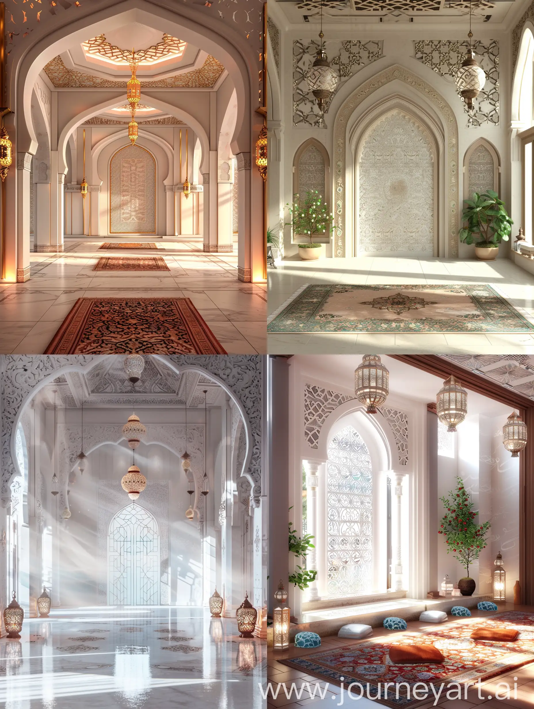 arabic hall with Ramadan festive decoration, view on the clear wall, beautiful festive detailed
