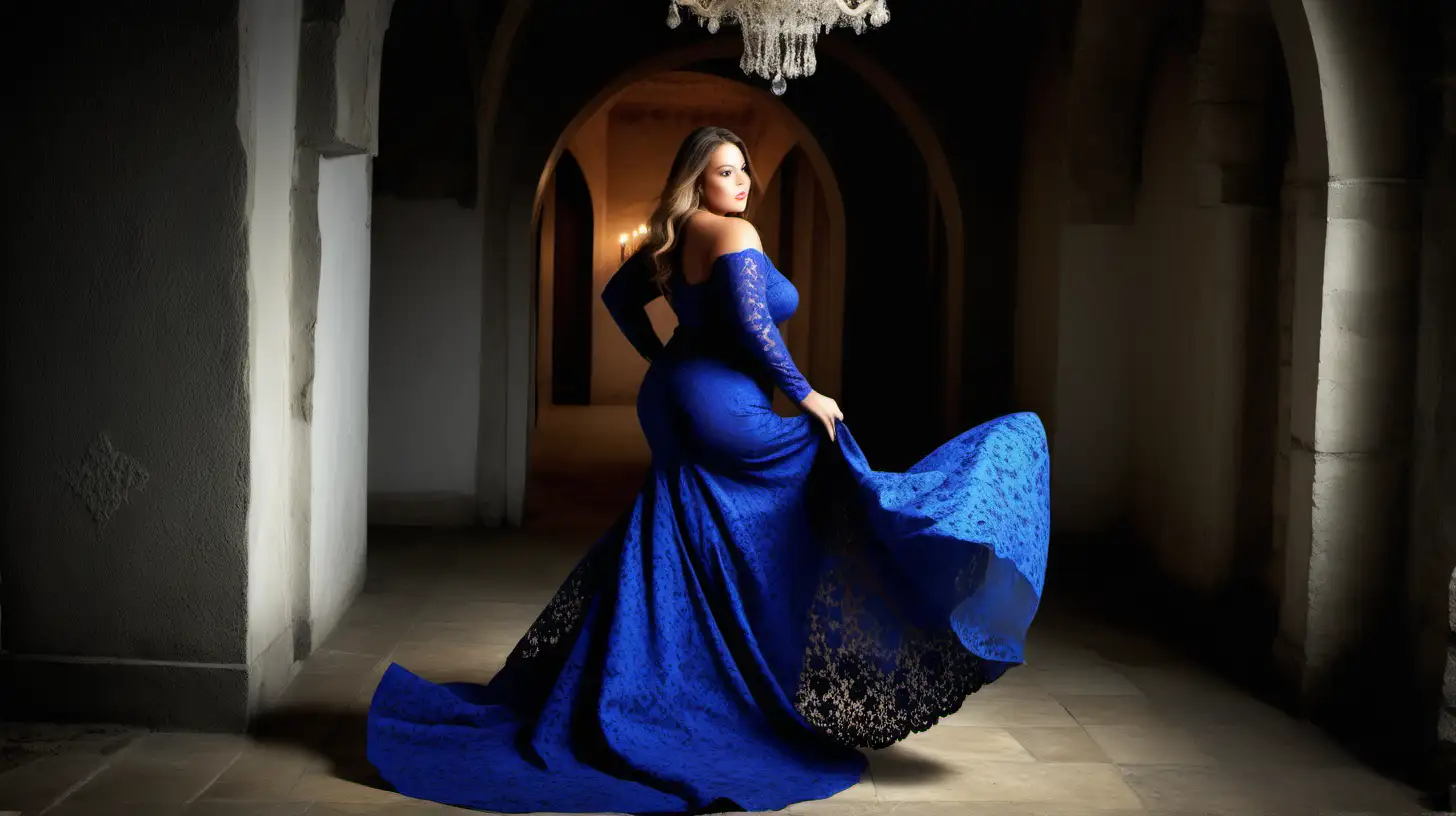 Elegant Winter Fashion PlusSize Model in Royal Blue Lace Dress
