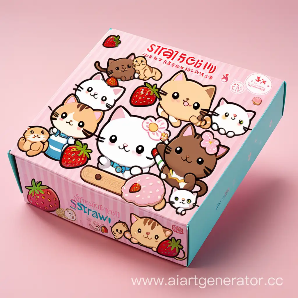 box for strawberry cookies, with anime-style cute characters and kittens on the box, cookies named "straw"