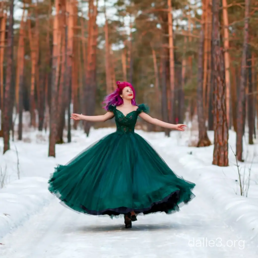 A girl with purple hair in a beautiful emerald princess dress running through the snowy forest, happiness, joy, sparks, bright warm colors