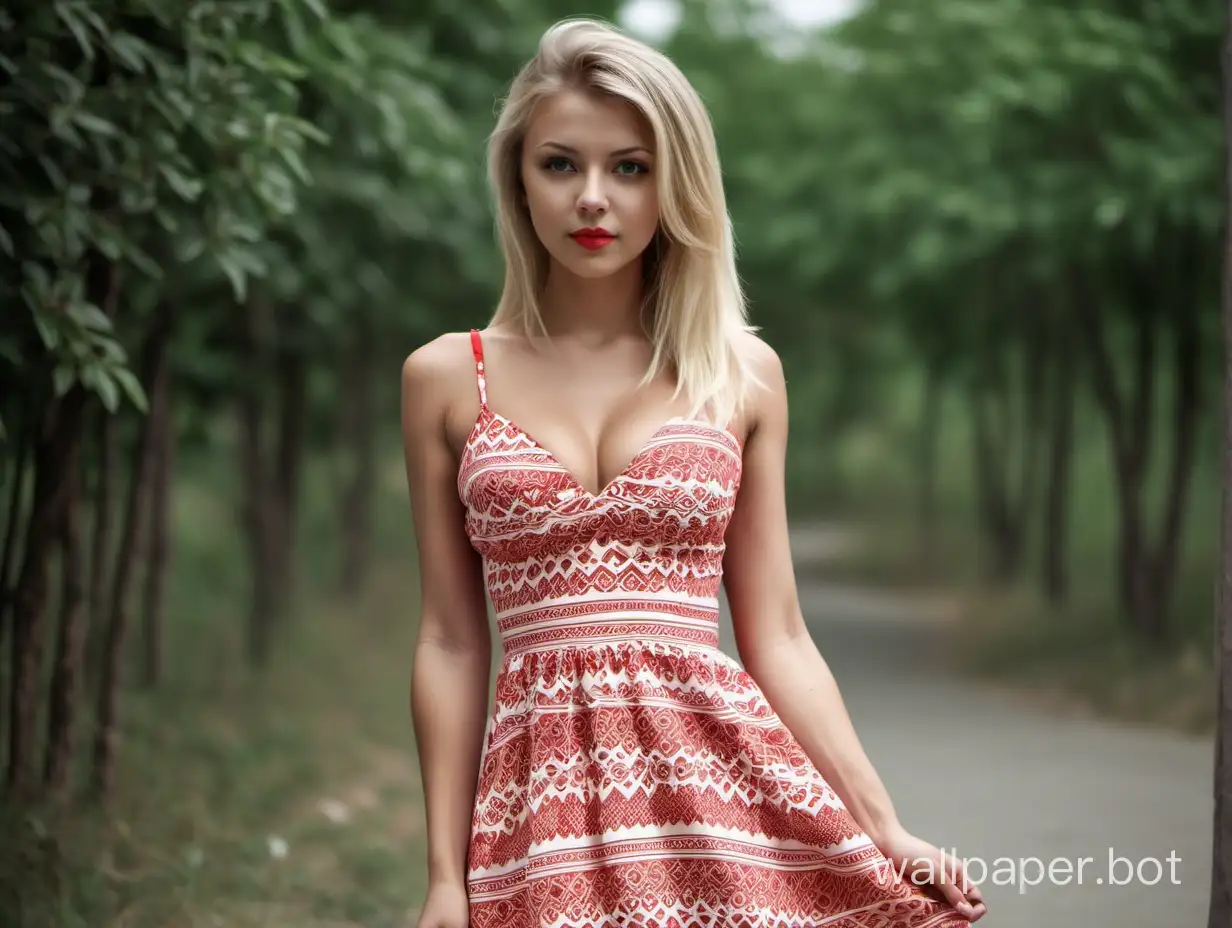 Girl, 25 years old, blonde, slim, large chest, tan, hair length 10 centimeters below shoulders, hairstyle, in a short red and white dress with a neckline, dress with a pattern, outdoors