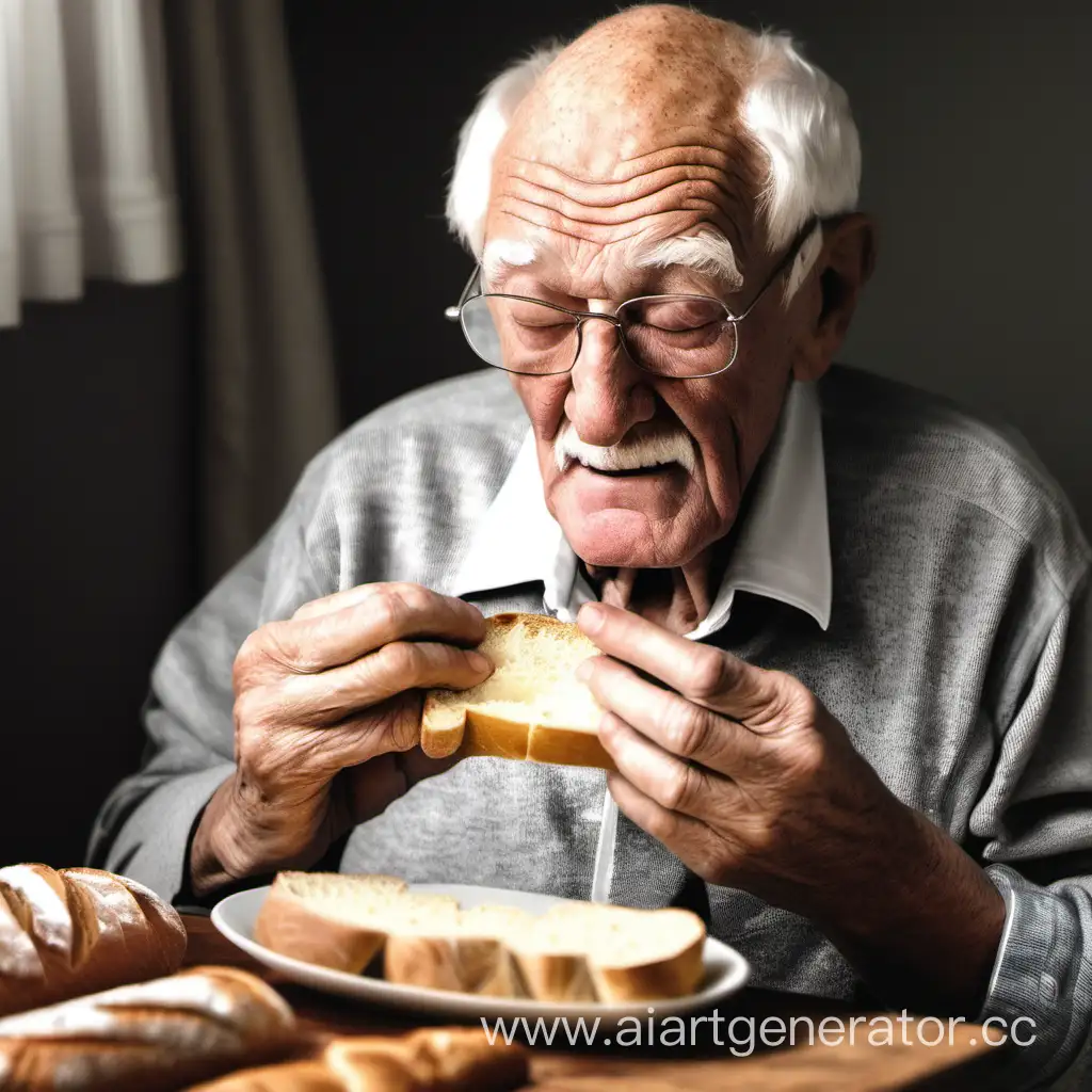 дедушка ест хлеб с маслом