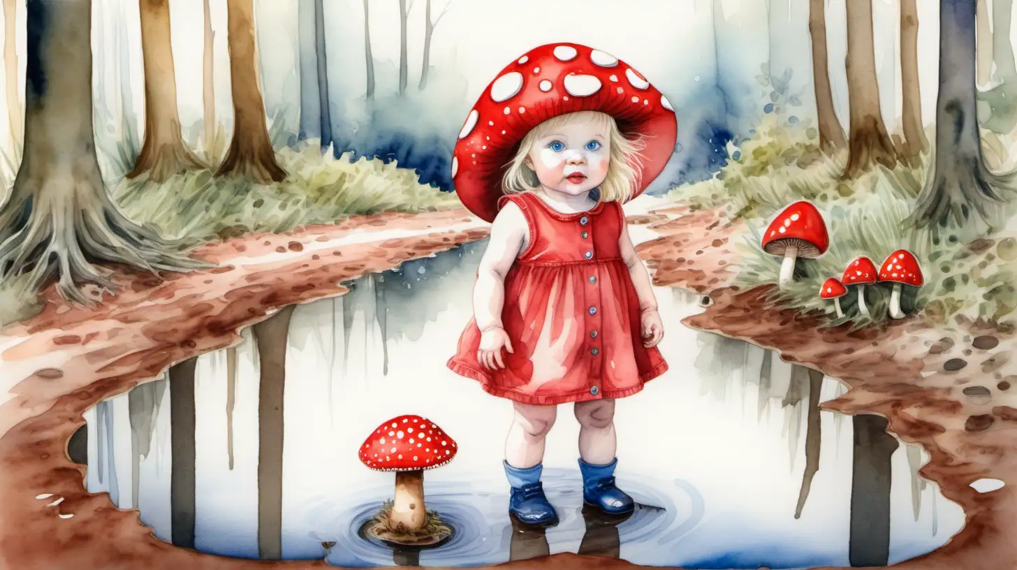 A watercolour fairytale picture of a blond blue eyed baby girl wearing a hat made of a red toadstool, she is in a wood looking at her reflection in a puddle
