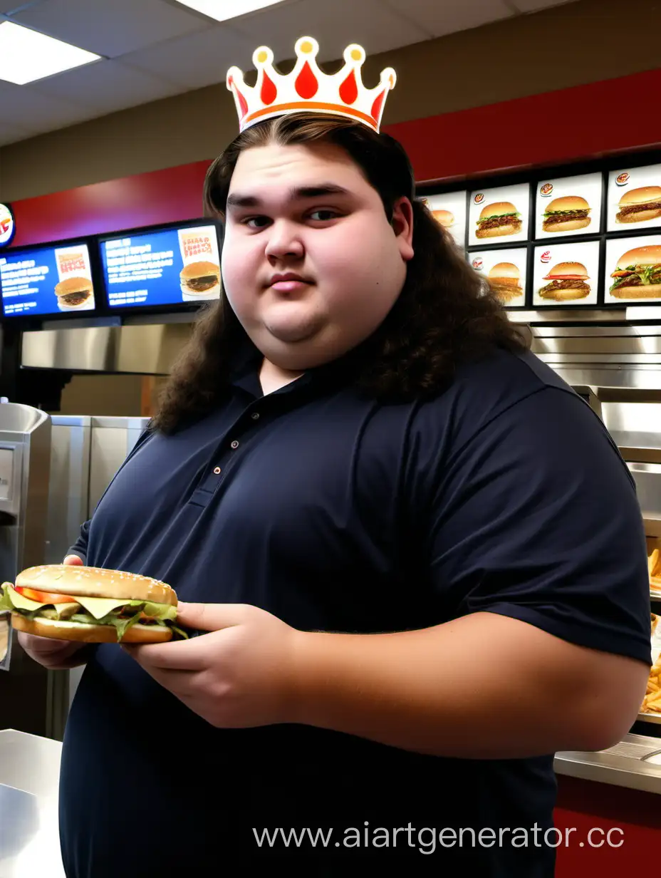 The overweight teenage boy with long dark brown hair came to Burger King.