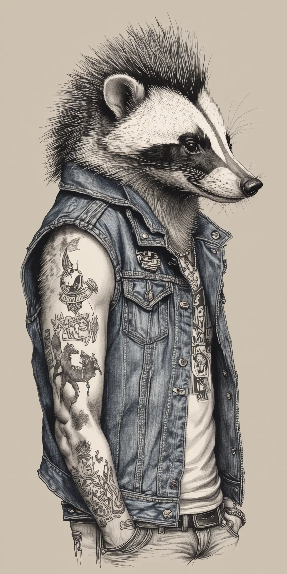 Hand Drawn Punk Rock Badger with Mohawk in Denim Vest