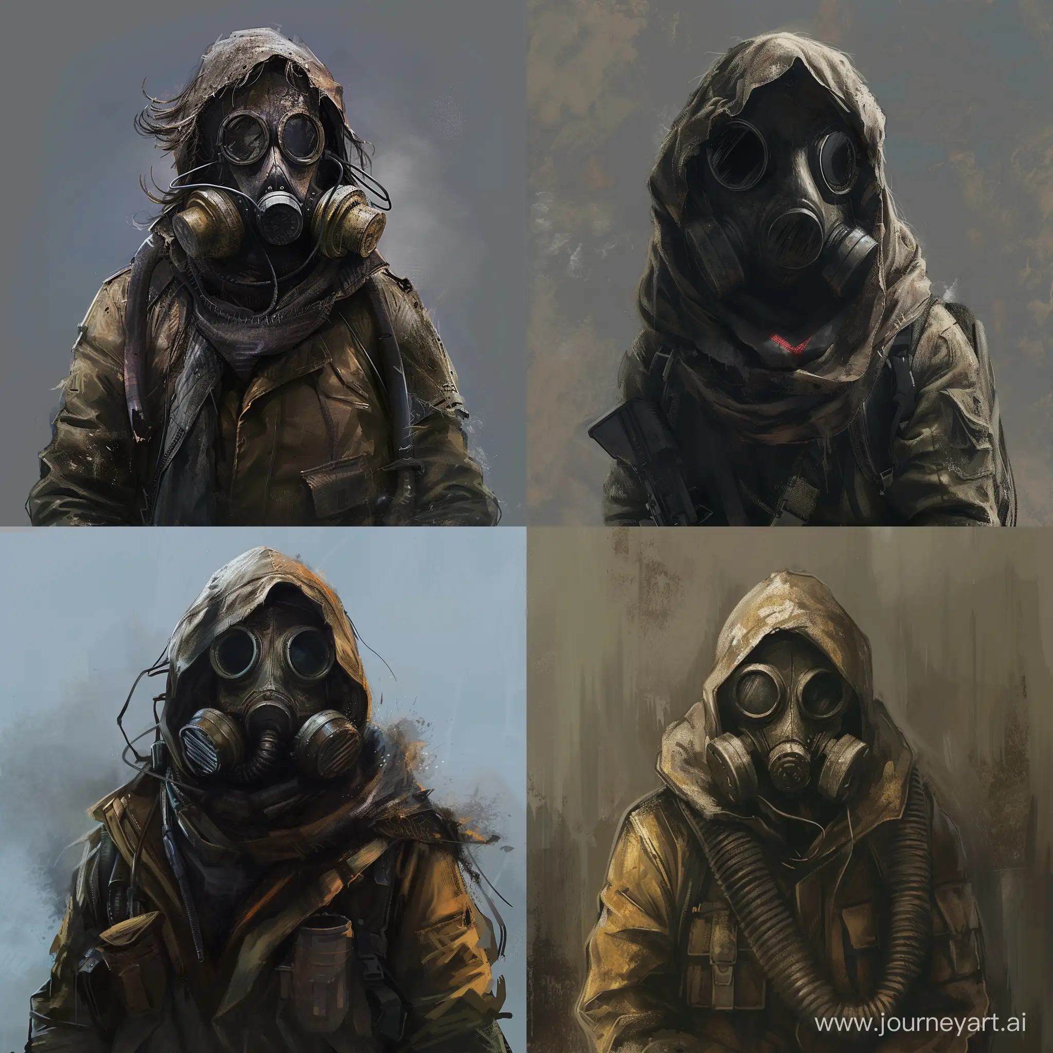 A post apocalyptic survivor wearing a  gas mask, stalker games, full body, concept art
