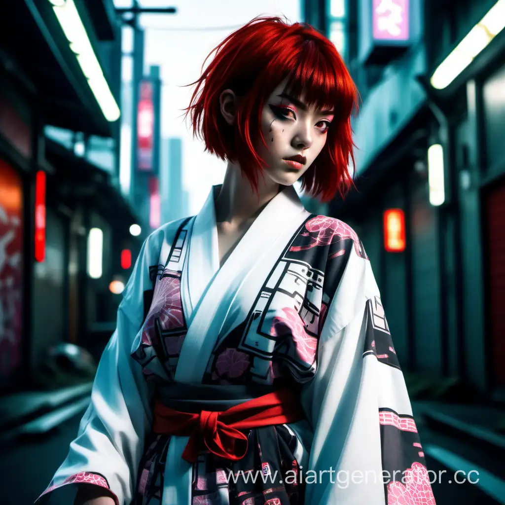 The central focus of the image is a cyberpunk-inspired setting, featuring a girl with short red hair and white eyes. She wears oversized clothing, a kimono, and a shirt, creating a unique and edgy style.