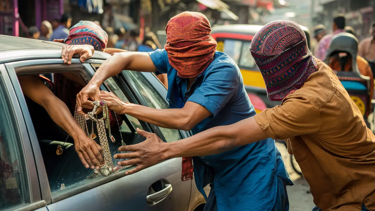 Crooks stealing jewelery from a car in India, hiding their faces with clothes

