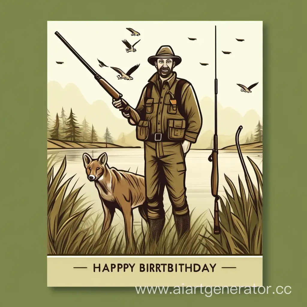 сгенерируй открытку на день рождения мужчине руководителю, который любит охоту, рыбалку и путешествия
