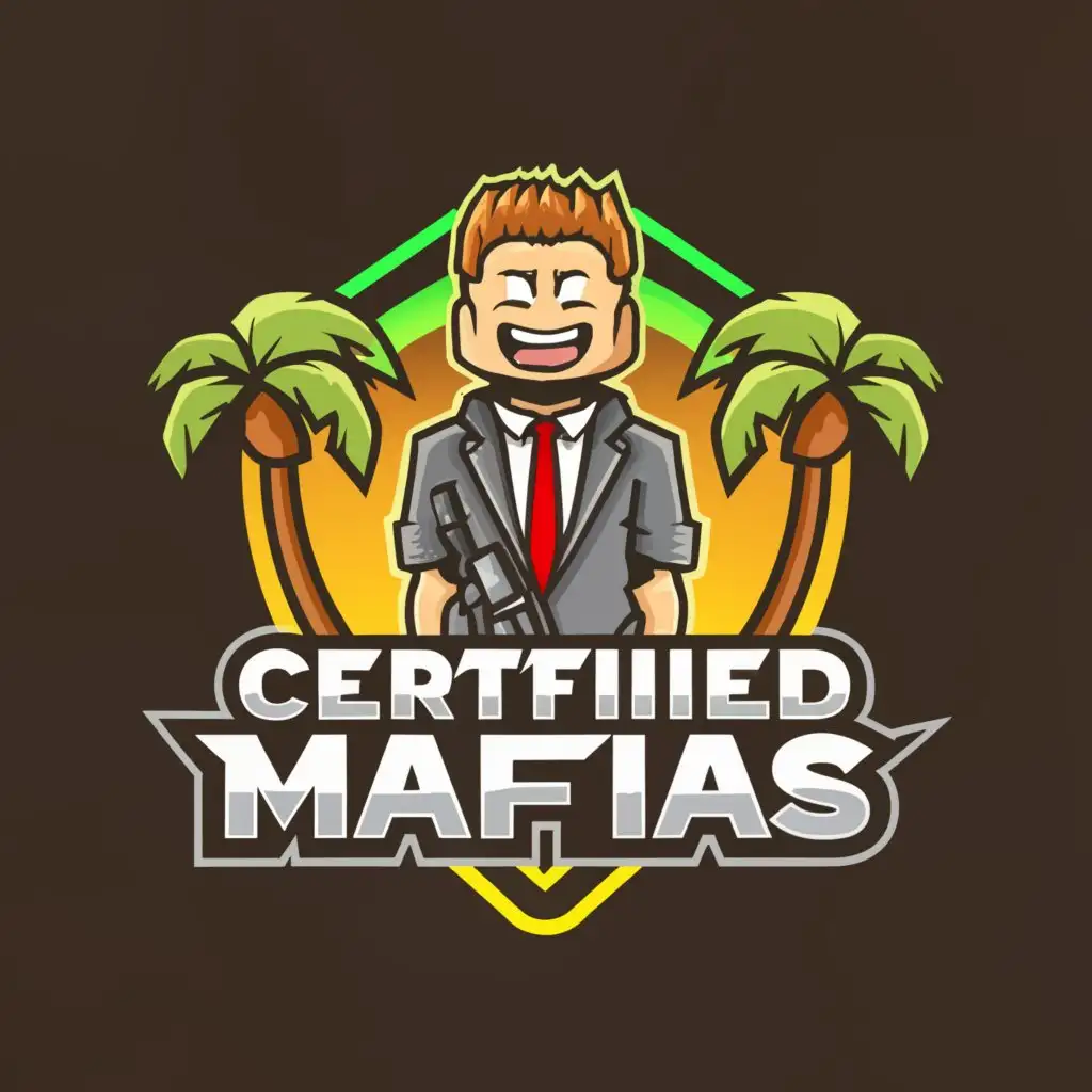 a logo design,with the text "Certified Mafias", main symbol:A Roblox character with a gun with palm trees in the background,Minimalistic,clear background