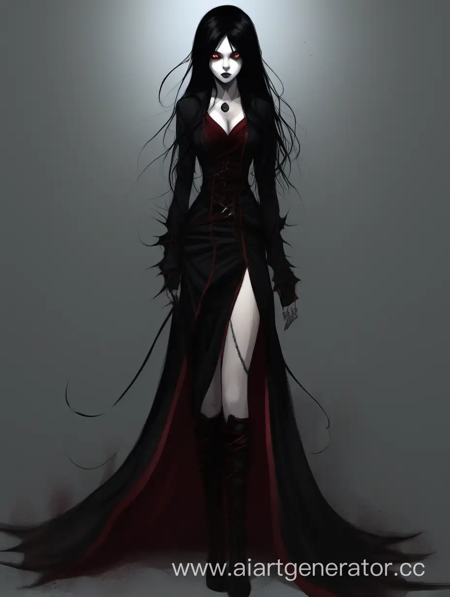 Девушка в полный рост, глаза алые с черным узким зрачком, имеет клыки. носит черное облегающее платье длинной до колен. Черные волосы по пояс, передние пряди окрашены в алый. 