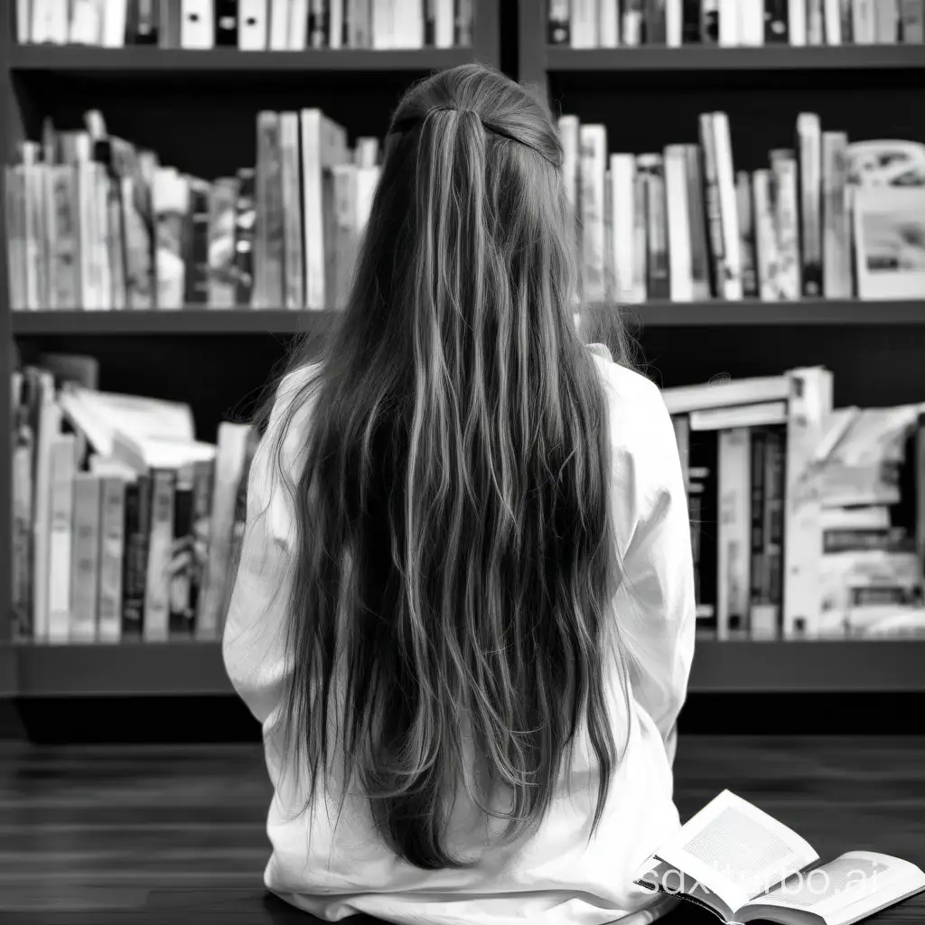 The girl with long hair reading a book with her back turned