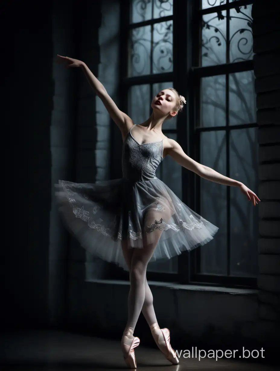 A poetic and visually captivating scene. The image shows a beautiful blonde Russian ballerina, medium breasts with delicate makeup and clear eyes, wearing a gray lace dress (the dress has petal designs and a short skirt). She is dancing ballet alone in a dark room, lit by the moonlight entering through a large window. The ballet slippers she is wearing are white, highlighting her figure and angelic face. This description transports us to a magical and romantic environment, where the ballerina is in the center of the room, expressing her art and grace through dance. The combination of the room's darkness, the moonlight, and the elegance of the ballerina creates a visually striking and beautiful image.