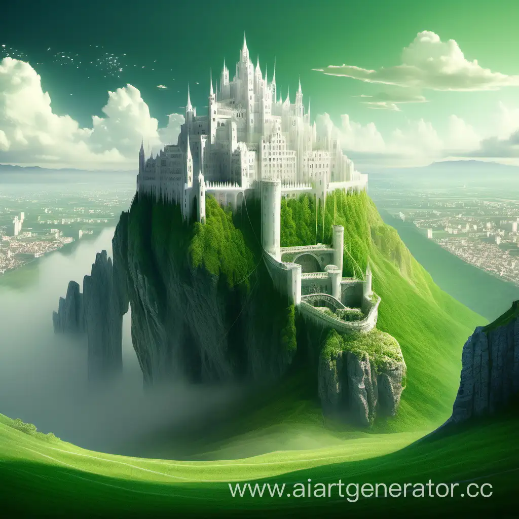 Fantasy, white human city, in a green valley, surrounded by white walls, big castle on the rock