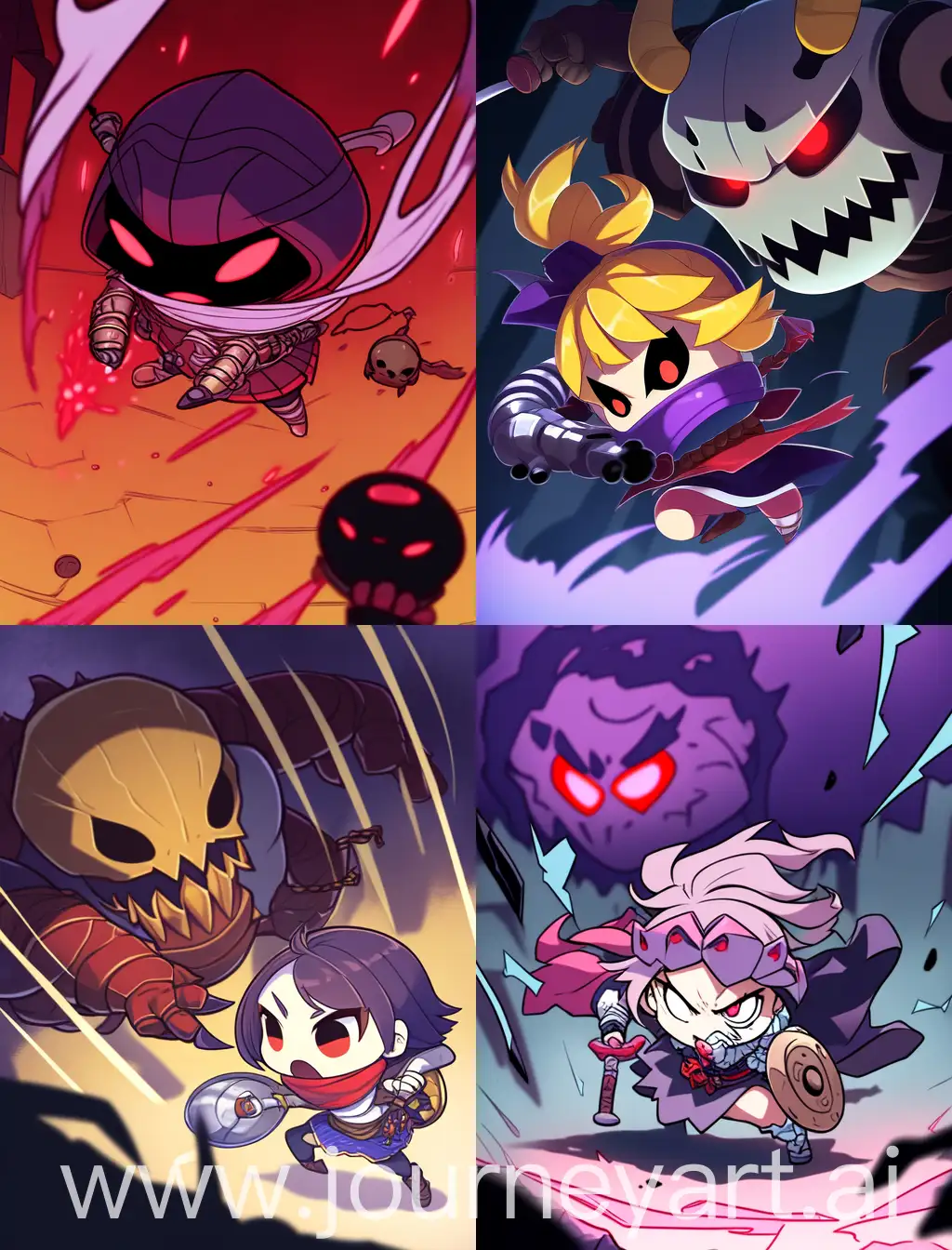 chibi bandit fighting monster, cartoon anime style, strong lines, spooky background