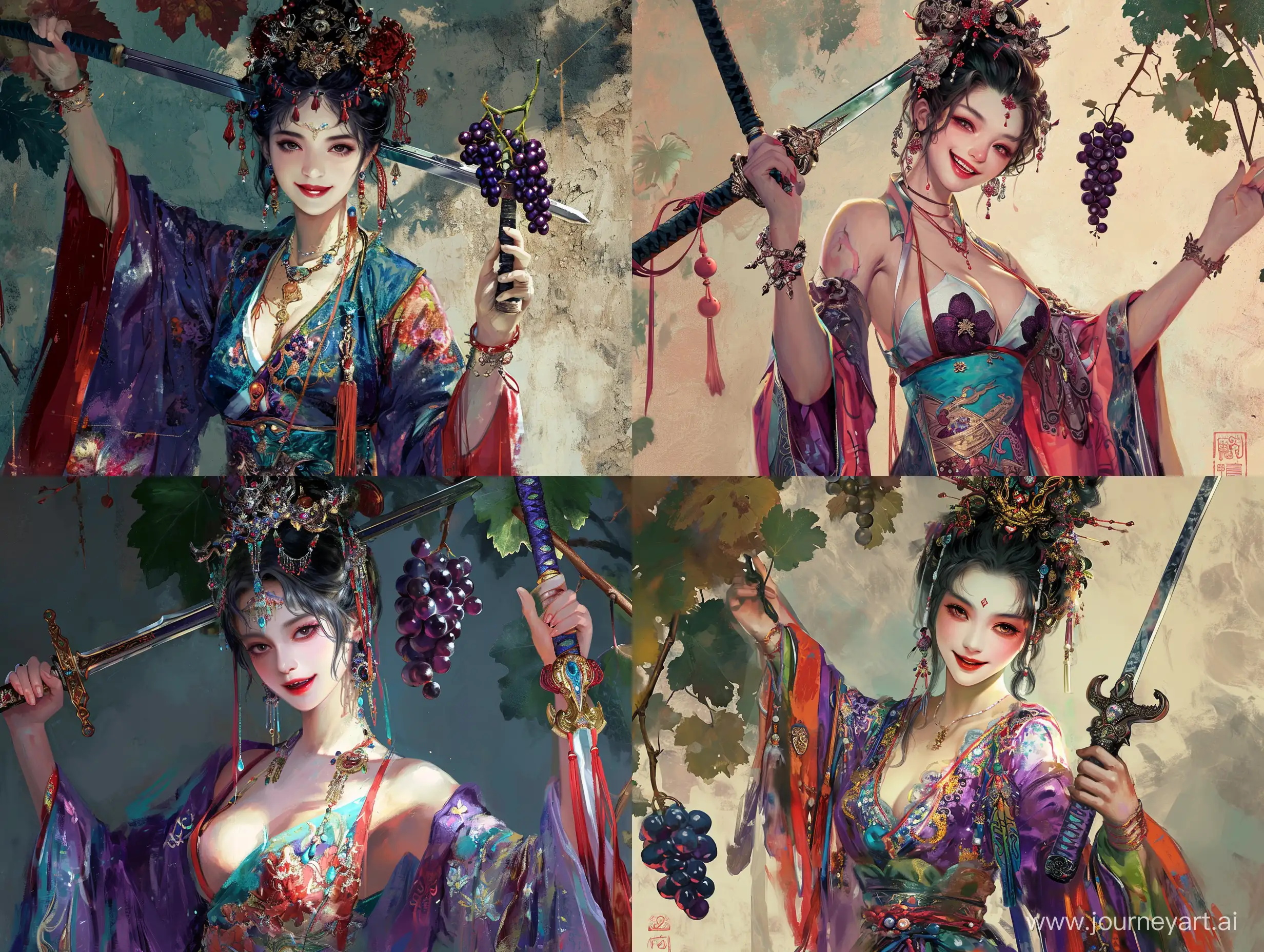 一个美人一手拿着剑，另外一只手拿着葡萄，邪恶的笑容，衣着华丽，彩色中国风，水墨画风格，二次元漫画，高清，高级感，大师之作，古代，东方美学。