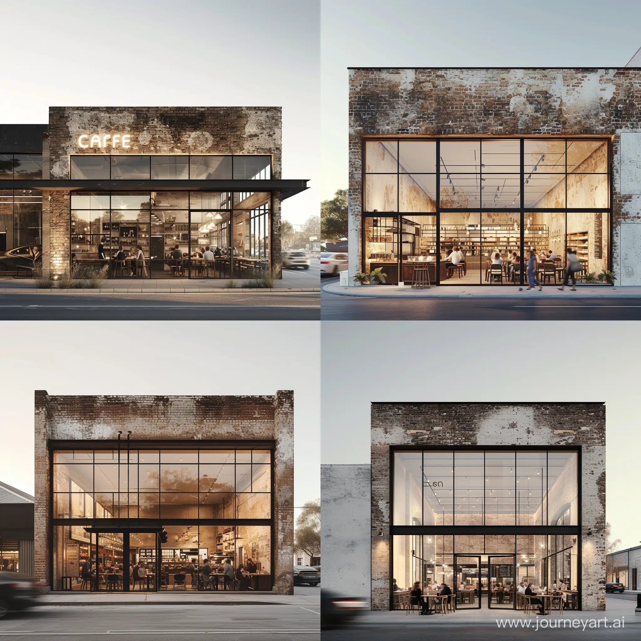 Sophisticated-Modern-Cafe-Facade-Weathered-Bricks-and-Expansive-Glass-Harmony