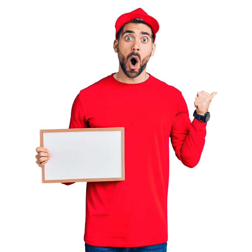 a man showing a white board in hand and looking so surprised 