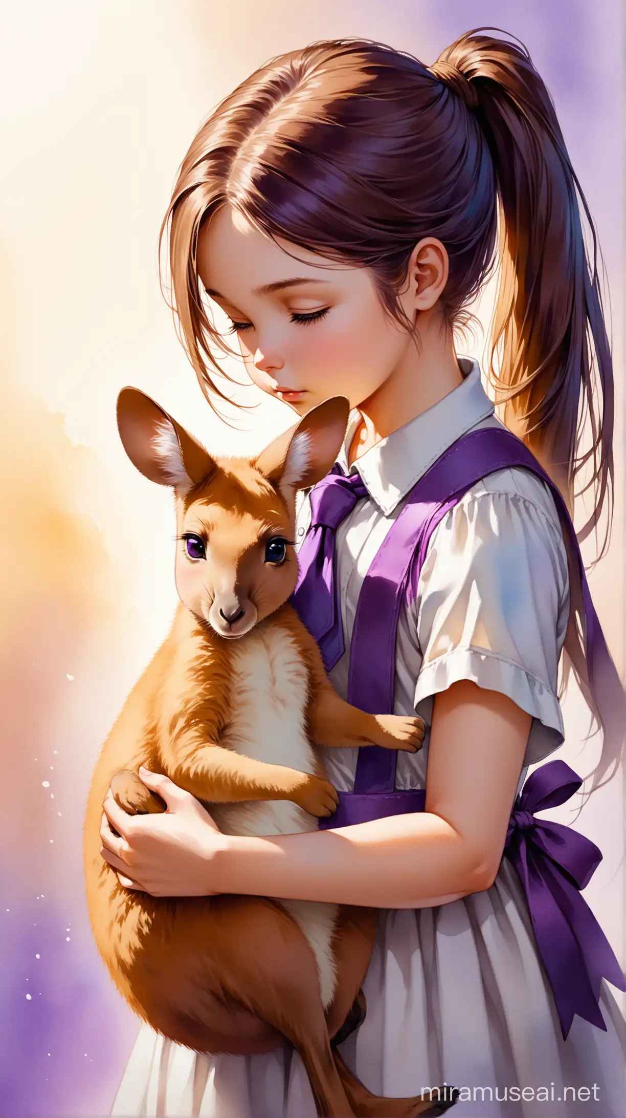 A beautiful little girl with tie back hair like  pony tail,  beauty hair, hug the most beautiful baby kangaroo,  trending on artstation, water color, bold stroke, brown and purple mood color, sharp focus, studio photo, intricate details, highly detailed, dramatic shadow, one side lighting, by greg rutkowski