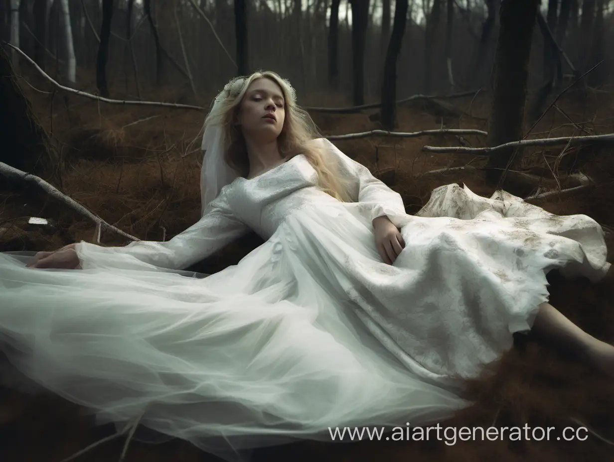 Девушка в разорванном свадебном платье лежит в лесной глуши. 