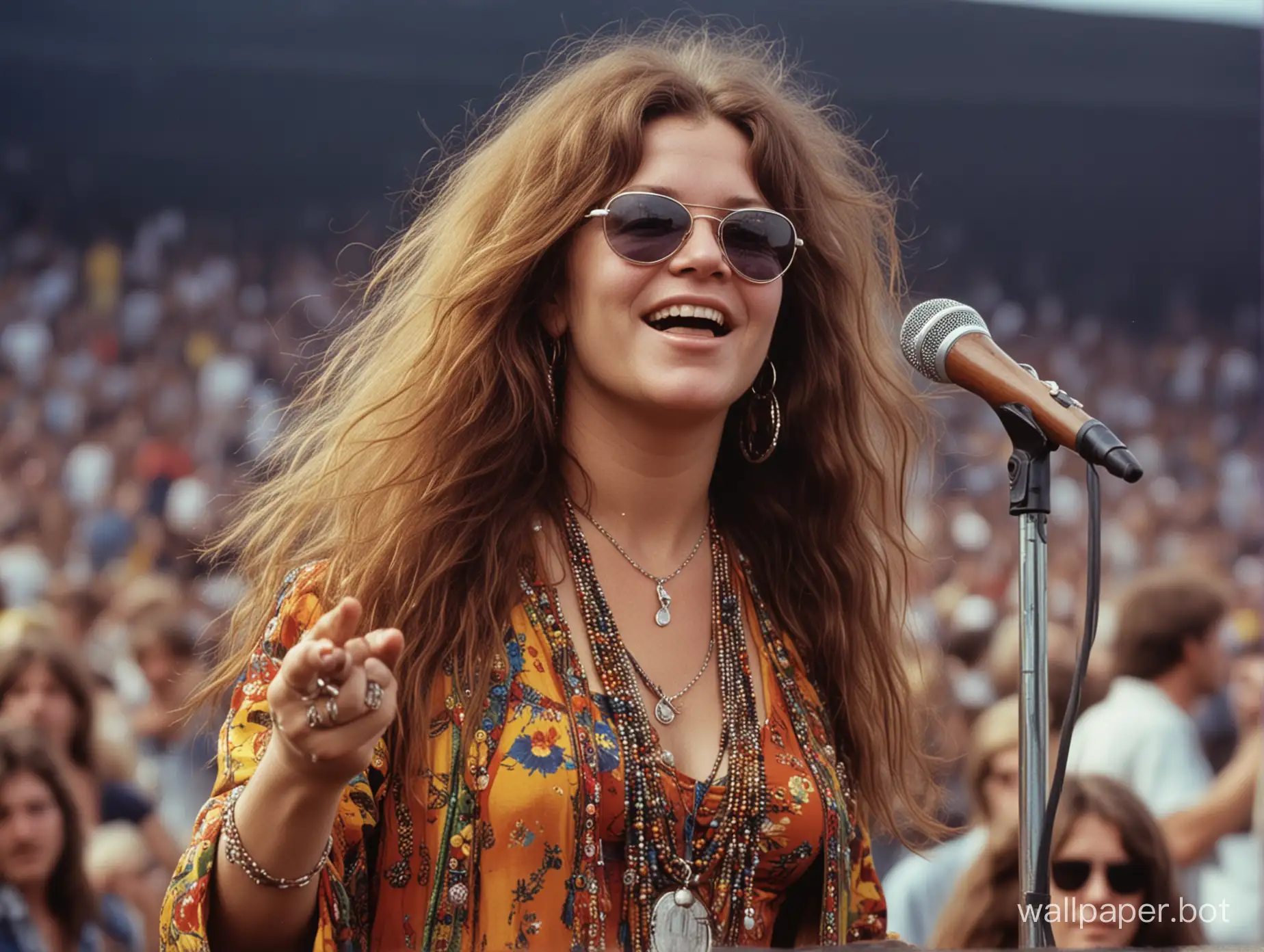 Janis Joplin on stage at the 1969 Woodstock music festival, detailed features, sharp image.