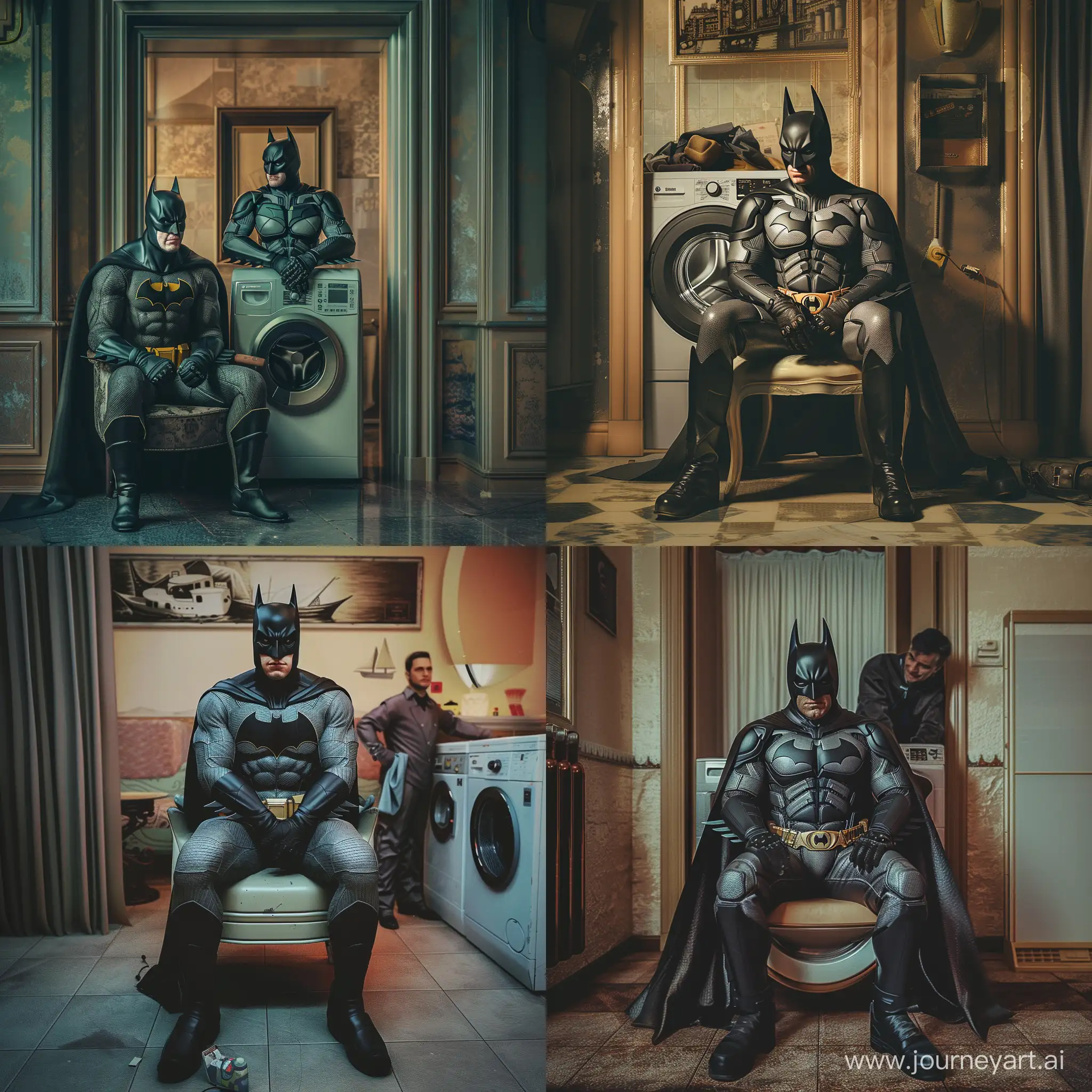 Batman DC sitting on a chair waiting for the repairman of his washing machine to finish his work, looking at the camera and smiling. Behind him is an image of a hotel room, high quality, super real, with calm colors