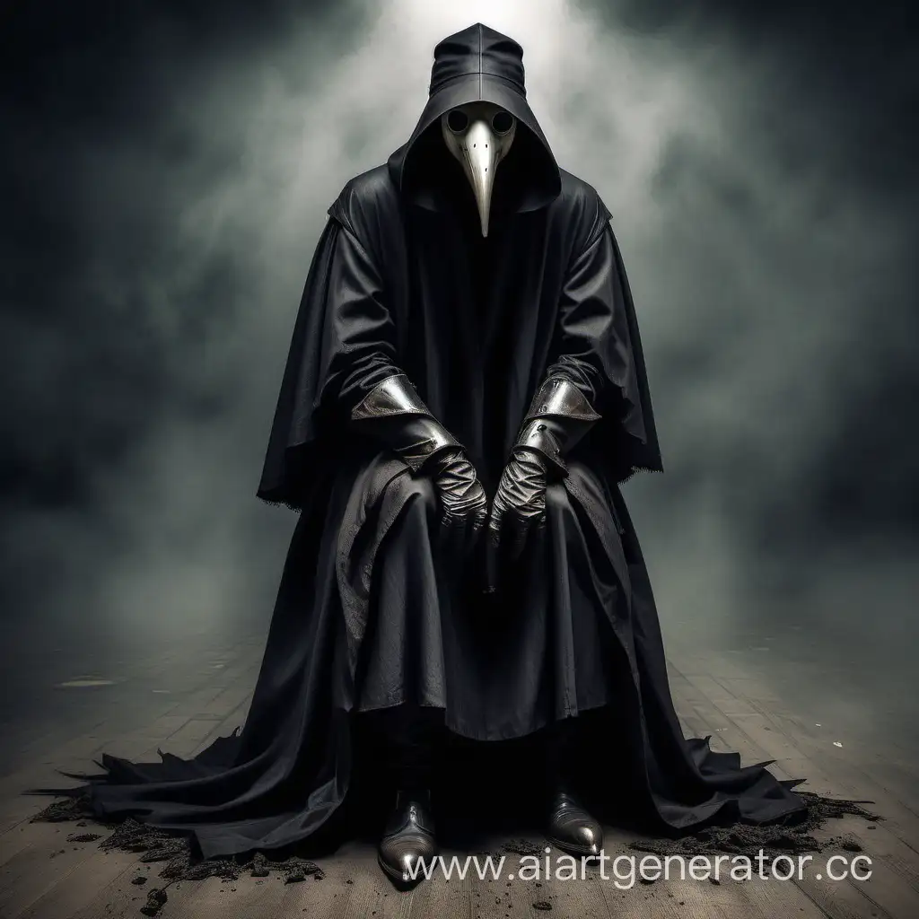 The plague doctor fell to his knees and clutched his head lonely
